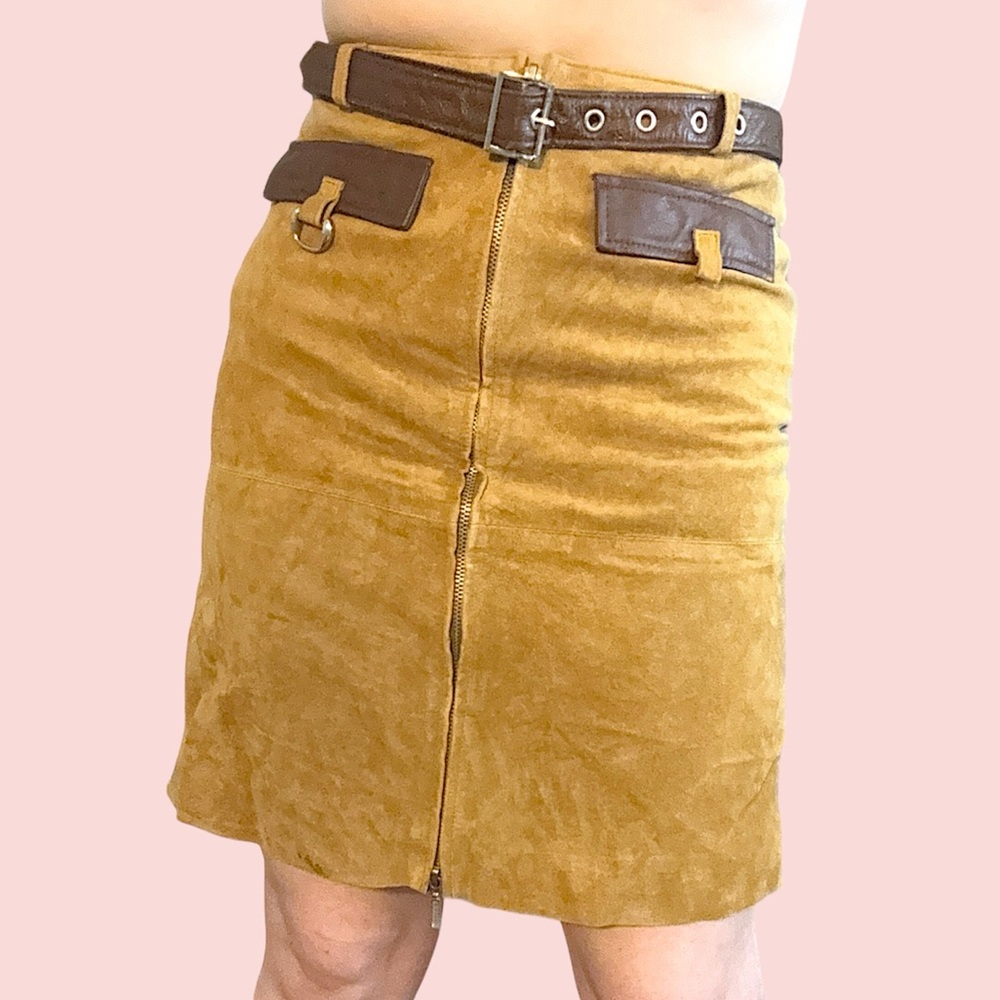 SUEDE ZIP UP PENCIL SKIRT REAL LEATHER DETAILS ARDEN B VINTAGE MUSTARD BROWN 💛